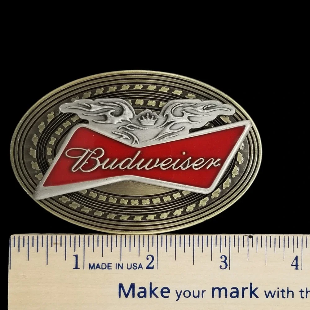 Vintage Budweiser Belt Buckle Eagle Logo Red White‎ Gold Tone Brass